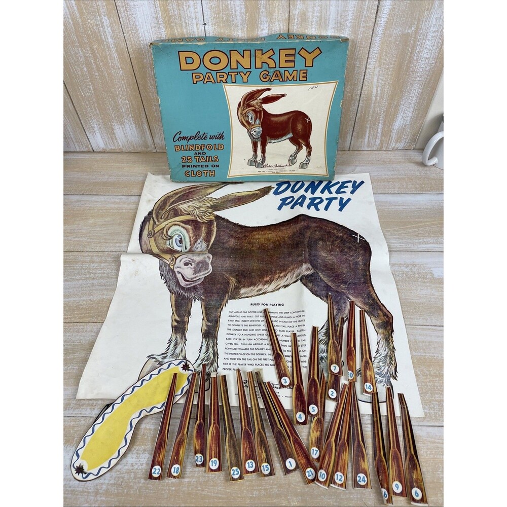 Vintage 1950s Pin the Tail on the Donkey Party Game Parker Brothers - 18 Tails